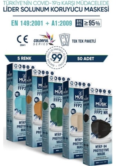 Musk Kf94 Kore Tipi N95 Maske 5 Renk 50 Adet (Gri, Taba, Siyah