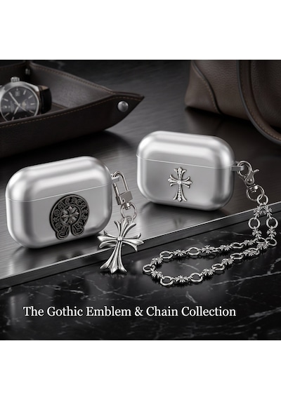 Caseonn Apple Uyumlu Airpods Pro 3 Kılıf Chrome Hearts Metalik Görünümlü Gotik Haç Figürlü Gümüş