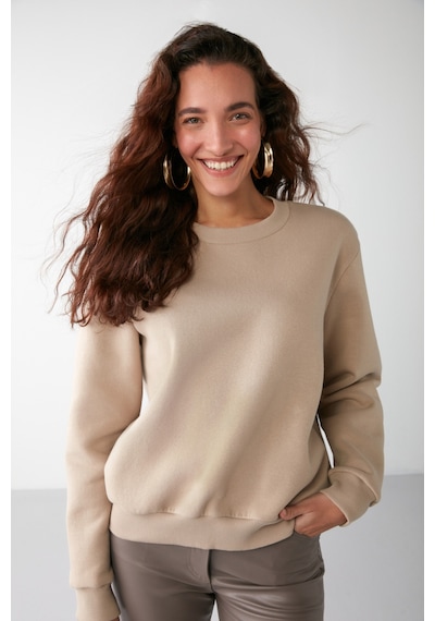 Grimelange Vaneltına Kadın Içi Polarlı 3 Iplik Organik Pamuk Oversize Basic Bisiklet Yaka Vizon Sweatshirt