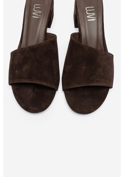 Luvi Shoes Delavıe Kahverengi Süet Hakiki Deri Kadın Kalın Topuklu Terlik