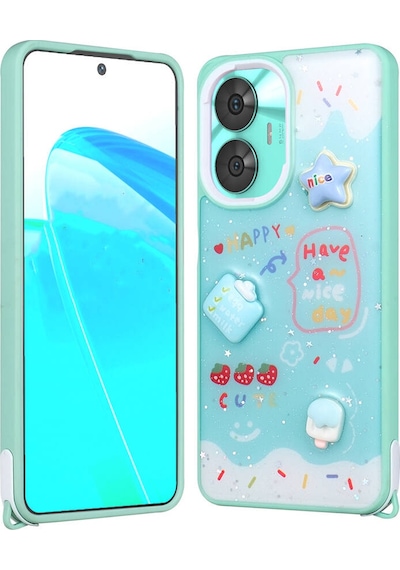 Realme C55 Kılıf Parlayan Simli Kabartma Figürlü Zore Cevze Kapak Yeşil