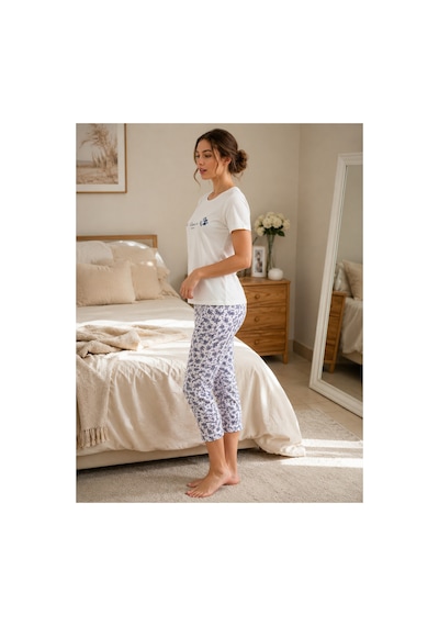 Pijamask Kadın Modal Kısa Kollu Pijama Takımı Beyaz Desenli Rahat Ev Giyim P10-334 Beyaz