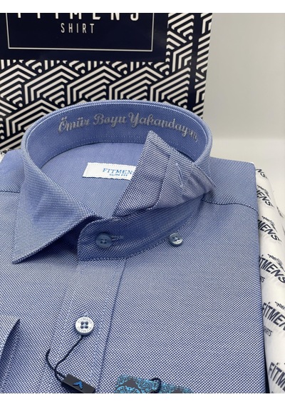 Slim Fit Uzun Kol Ömür Boyu Yakandayım Nakışlı Hediye Kutulu Erkek Gömlek Fs-001376 - Saks Mavi-2197