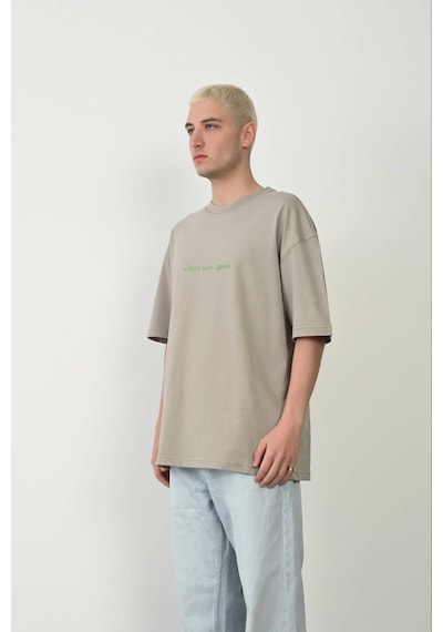 Barlashive Erkek Baskılı T-shirt Kısa Kol Bisiklet Yaka Rahat Kalıp Tişört - Boyalı Gri Çok Renkli