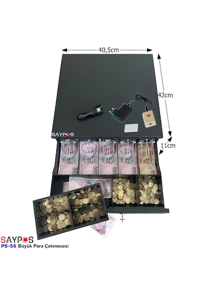 5 Geniş Kağıt Para Gözlü Kolay Açma Buton Adaptörlü, Anahtardan Açılır Para Çekmecesi 40,5x42x11cm