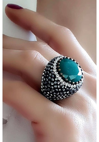 Kök Zümrüt Taşlı Swarovski Taş Detaylı Gümüş Tasarım Yüzük 19
