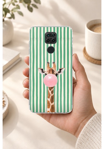 Redmi Note 9 Uyumlu Yeşil Çizgili Sakız Şişiren Zürafa Baskılı Silikon Kılıf