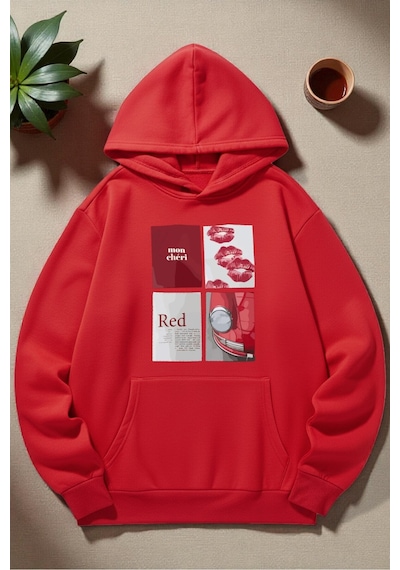 Uyguntarz Unisex Red Mon Cheri Baskılı Kapüşonlu Sweatshirt Kırmızı