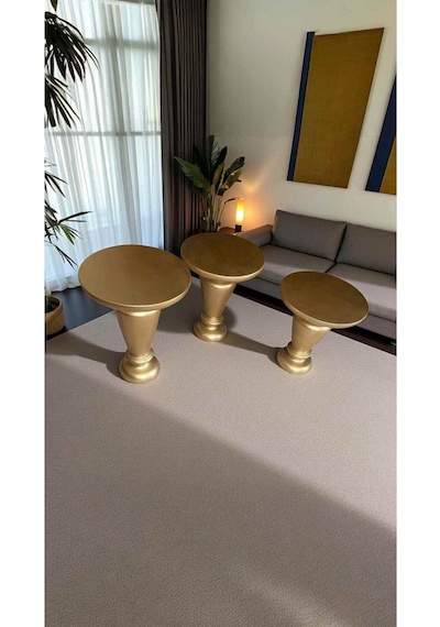 Altın Renk Doğal Ahşap Mantar Sehpa Seti 3 Lü Yan Sehpa Takımı - Wooden Coffee Table Altın