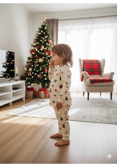Yılbaşı Konseptli Pamuk Kumaşlı Pijama Takımı Ekru