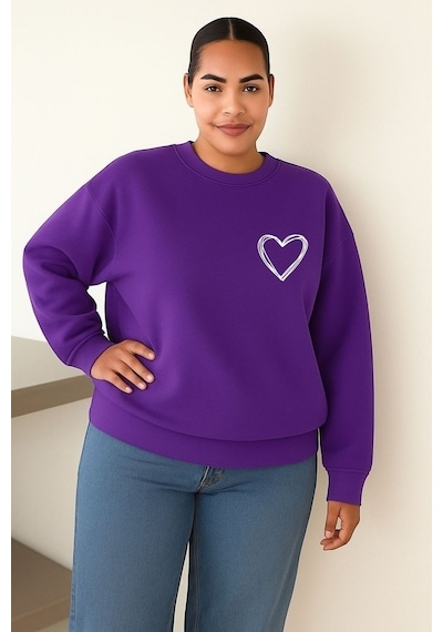 Benroma Kalp Baskılı Büyük Beden Unisex Sweatshırt Mor