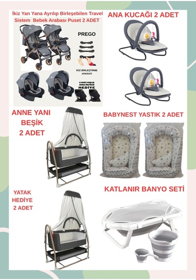 Yeni Doğan İkiz Bebek Çeyiz Seti Beşik Bebek Arabası Ana Kucağı Banyo Seti Baby Nest Gri3