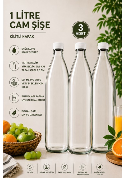 3 Adet Beyaz Plastik Kapaklı Cam Şişe 1 Litre Şeffaf Sürahi Süt, Ayran, Su, Limonata Meşrubat Şişesi