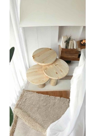 Naturel Masif Ahşap Mantar Sehpa 3 Lü Set Fiskos Ve Zigon Sehpa Bej