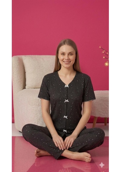 Sleeproom Yazlık Siyah Beyaz Yıldız Desenli Kısa Kol Penye %100 Pamuk Pijama Takım