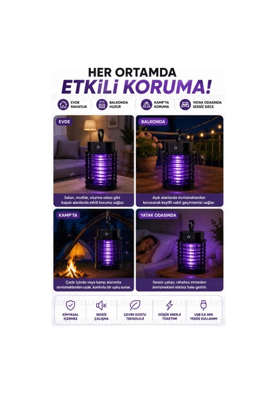 Usb Şarjlı Elektrikli Sivrisinek Öldürücü Lamba Uv Mor Işıklı Sessiz Çalışan Askılı Sinek Kovucu Ev