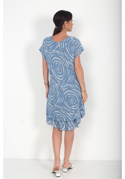 By Saygı Kadın İtalyan Cotton Spiral Desenli Astarlı Kısa Elbise İndigo