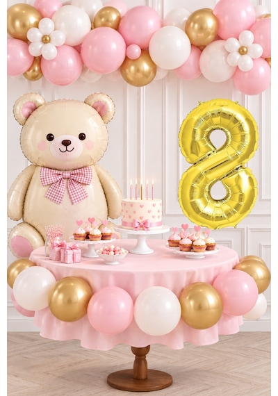 8 Yaş Retro Papyonlu Folyo Krem Ayıcık Pembe Gold Beyaz Balon Gold Rakam Doğum Günü Kutlaması Altın - Krem