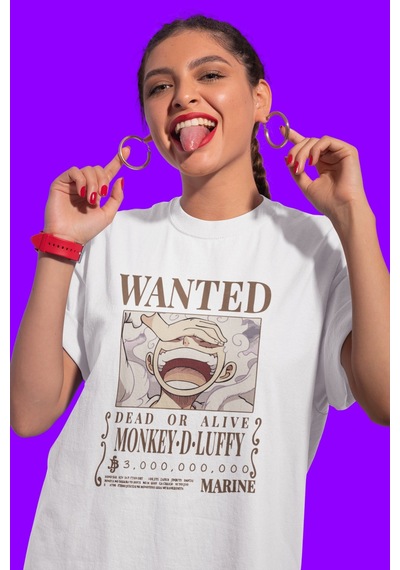 Sevbano Wanted Dead Or Alive Monkey D. Luffy Baskılı Unisex Oversize One Beyaz