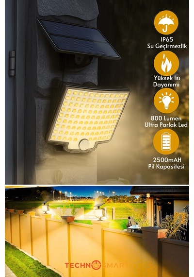 Technosmart Güneş Enerjili Bahçe Aydınlatması 106 Led, Sarı Işık, Kumandalı Ip65 Solar Duvar Lamba