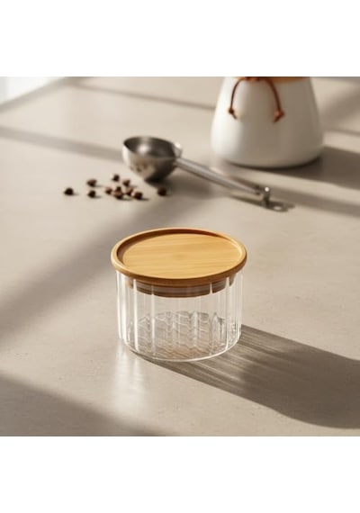 Linie Slim Bambu Kapaklı Borosilikat Cam Saklama Kabı - Çizgili Vakumlu Baharatlık, Çay Ve Kahve Kavanozu - 200ml Ve 300ml Seçenekleri 200ml 7009
