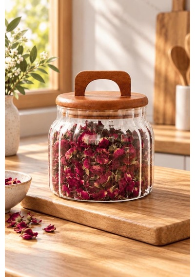 Atbyhome Akasya Kapaklı Çizgili Borosilikat Cam Kavanoz 850 Ml - Vakumlu Büyük Boy Erzak Bakliyat Saklama Kabı