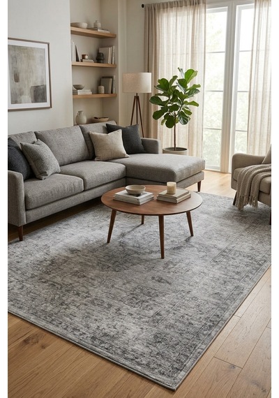 Modern Eskitme Gri Salon Halısı - Antrasit Vintage Desenli