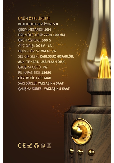 Powerway Otantik Gece Lambası Taşınabilir Bluetooth Hoparlör