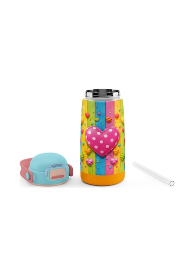 Puccon 420 Ml Paslanmaz Çelik Kız Çocuk Okul Termosu-matarası - 60015 - Pembe Kalp Desenli Pembe - Turkuaz