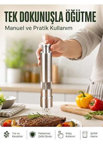 Orta Boy Kararbiber Ve Tuz Öğütücü Kolay Kullanım Şık Tasarım Yeni Nesil Gri