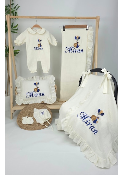 Gros Shop Müslin Yeni Doğan 4katlı Organik %100pamuk Kişiye Özgü Nakışlı Hastane Çıkış Seti Balonlu Aslan-4 Ekru