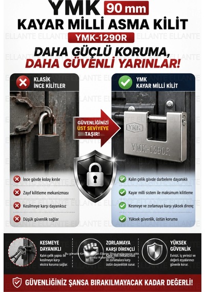Kayar Milli Asma Kilit Ymk-1290r Kalın Çelik Gövde Yüksek Güvenlikli Paslanmaya Dayanıklı 3 Anahtarl