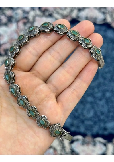 925 Ayar Gümüş Zümrüt Zirkon Tasarım Bileklik 314 Altın  - Beyaz