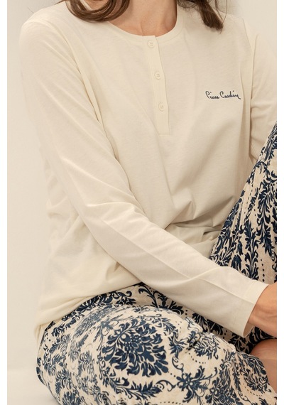 Pierre Cardin Kadın Krem Düğmeli Yaka Uzun Kol Pijama Takım Pc9285-s-v2 Pc9285-s-v2
