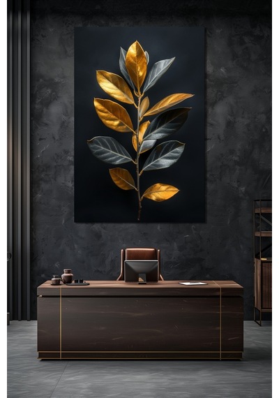 Altın Yaprak Baskılı Cam Tablo Modern Botanik Desenli Dekoratif Duvar Tablosu