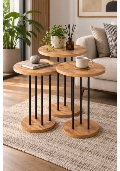 Sulorahome Çam Desenli Metal Ayaklı Yuvarlak Zigon Sehpa Takımı 3'lü