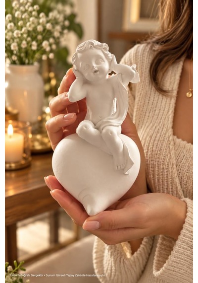 Dekoratif Melek Biblo Kalp Üzerinde Oturan Beyaz Melek Figürlü Hediyelik Süs 15x9 Cm