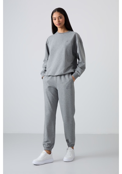 Tommy Life Gri Melanj Basic Pamuklu O Yaka Oversize Lastik Paça Kadın Eşofman Takım - 95287 GRİ MELANJ