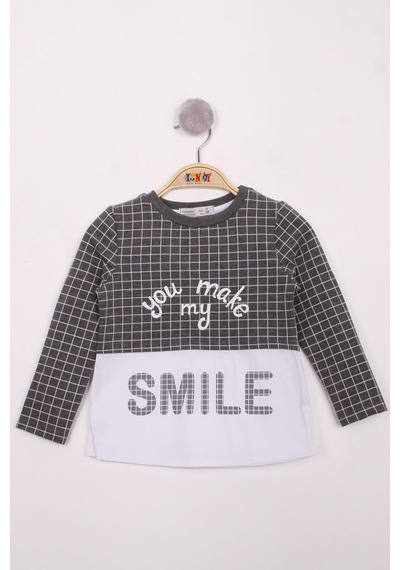 Toontoy Kids Toontoy Kız Çocuk Kareli Kumaşlı Smile Baskılı T-shirt Antrasit