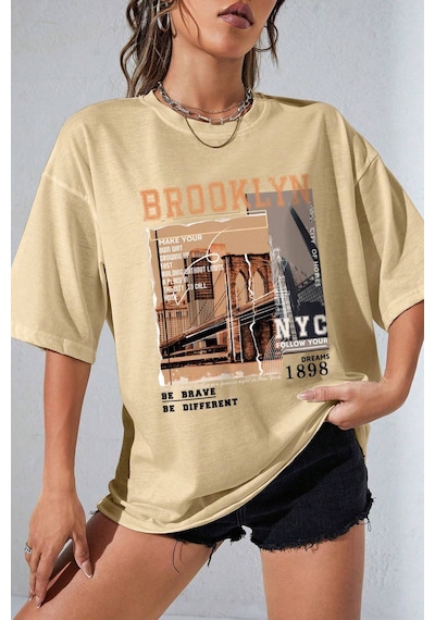 Unisex Brooklyn Baskılı Tasarım Tshirt Bej