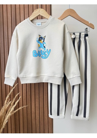 Miniko Kids Lucco Erkek Çocuk Bluey Modelli 3 İplik Şardonsuz Eşofman Takımı Ekru