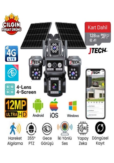 O-kam Ok-332 Premium 4g 12mp 4g Sim Kartlı Solar Panelli 4 Lens 1 Ptz Akıllı Kamera + 128gb Sd Kart