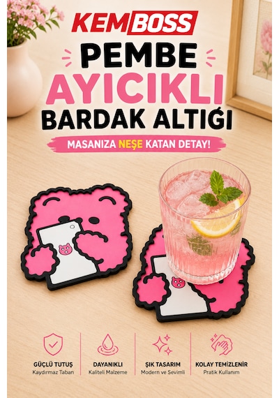Kemboss Pembe Ayıcıklı Bardak Altlığı 2'li Set - Pvc Kaydırmaz Bardak Altlığı Kahve Kupa Çay Bardağı Altlığı Masa Koruyucu Çok Renkli