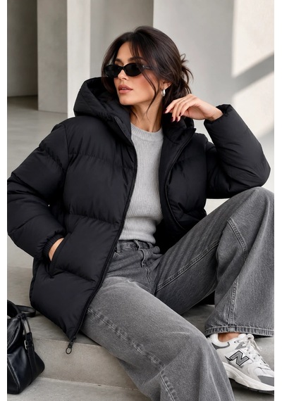 Bb Butik Basic Oversize Kapüşonlu Şişme Mont St3411 siyah