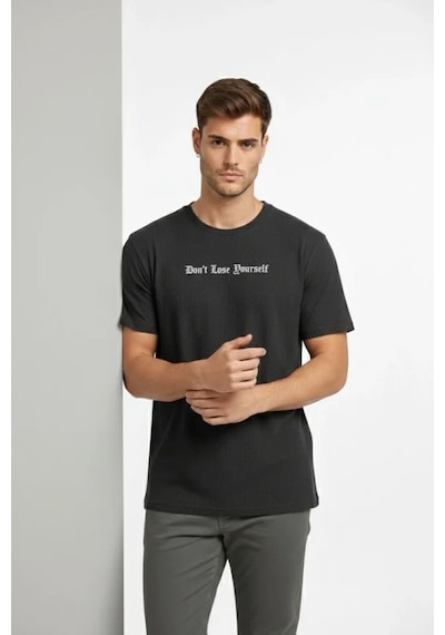 Veraura Lifestyle Erkek Wafıl Kumaş Tişört Regular Kalıp Bisiklet Yaka Baskılı Günlük Basic T-shirt - Siyah