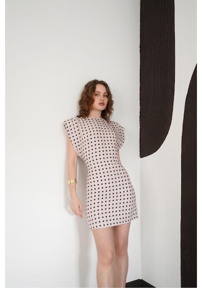 Verymoda Puantiyeli Bisiklet Yaka Diz Üstü Elbise D3013 Taş