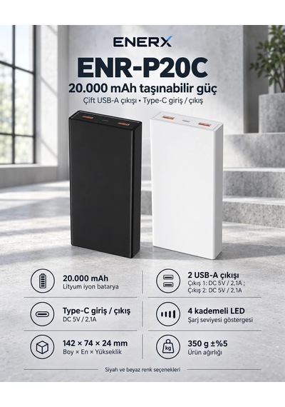 ENERX Enr-p20c 20000 Mah 2.1 Amper Powerbank Siyah