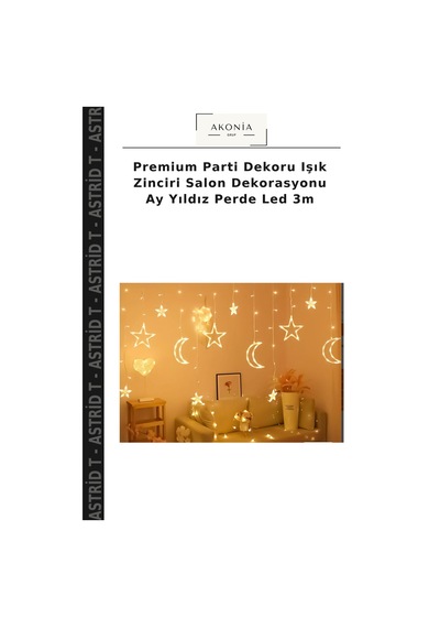 Premium Parti Dekoru Işık Zinciri Salon Dekorasyonu Ay Yıldız Perde Led 3m Çok Renkli