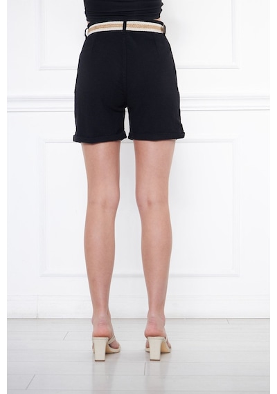Hgfashion Kadın Beli Kemerli Keten Şort Siyah Renk Siyah