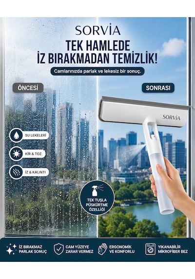 Spreyli Cam Silme Aparatı Mikrofiber Cam Sileceği Çekçekli Pencere Ayna Duşakabin Fayans Temizleyici Beyaz